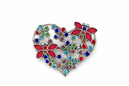 Martisoare - Brosa Inima Multicolora 5x4 cm Cristale Flori Email Eleganta