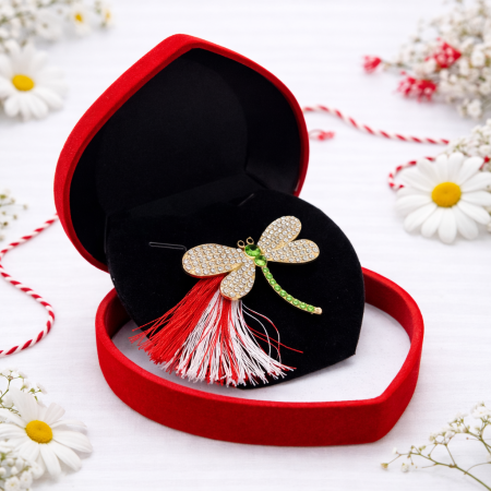 Martisoare - martisor-libelula-cristale-ciucure-alb-rosu