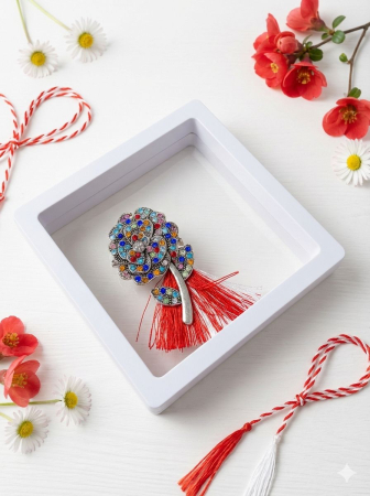 Brosa Martisor 5 cm, Trandafir cu cristale, in cutie 9x9 cm cu fereastra, cadou 1 Martie [2]