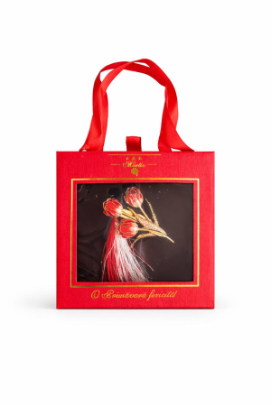 Brose ambalate elegant - Brosa Martisor 5cm, buchet lalele, in cutie gentuta 7x7 cm cu fereastra, cadou 1 Martie