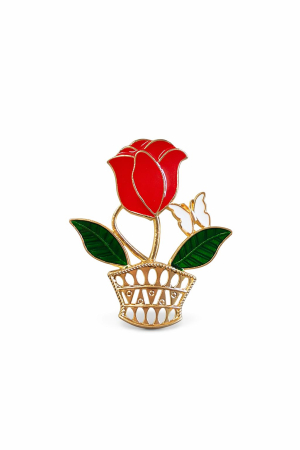 Accesorii Confectionare Martisoare - Brosa Martisor Buchet Trandafir Rosu Cos Auriu Fluture 4x4cm Elegant