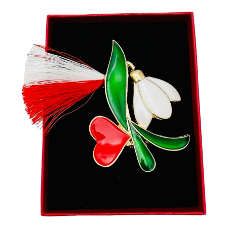 Brosa Martisor Ghiocel cu Inimioara, marime mare, ambalata in cutie rosie, 8.5×6.5×2.5cm,   [2]