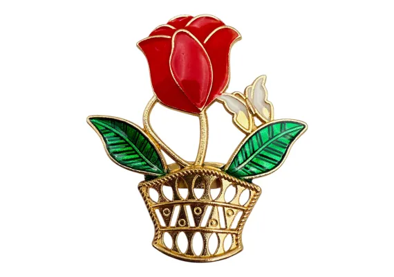 Brosa Martisor, marime medie,trandafir in cosulet , ediție 2025, 4.5x3.5 cm  [0]