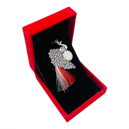 Brosa Paun Elegant cu Strasuri Multicolore si Ciucure Traditional pentru Martisor, in Cutie Catifelata Premium -   [3]