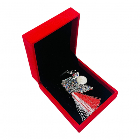 Brosa Paun Elegant cu Strasuri Multicolore si Ciucure Traditional pentru Martisor, in Cutie Catifelata Premium -   [1]