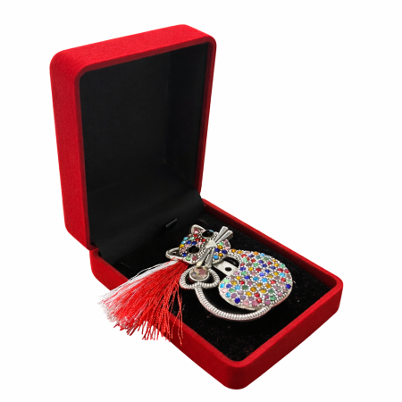 Brose ambalate elegant - Brosa pisica martisor cu strasuri multicolore in cutie de catifea