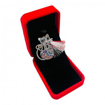 Brosa Pisicuta argintie de Lux cu pietre multicolore si Ciucure pentru Martisor, in Cutie din Catifea Premium  [2]