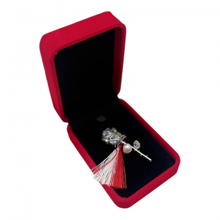 Brosa Trandafir argintiu de Lux cu pietre multicolore, perla si Ciucure pentru Martisor, in Cutie din Catifea Premium  [2]