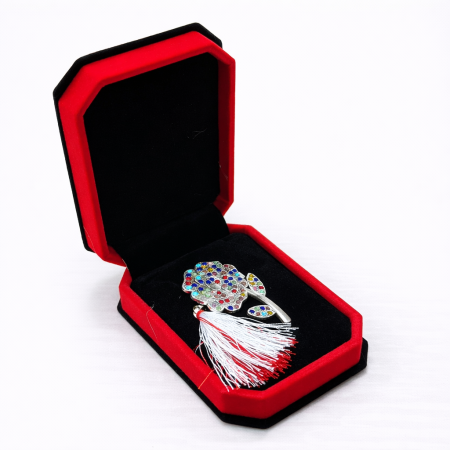 Brose ambalate elegant - Brosa trandafir martisor cu strasuri multicolore in cutie de catifea cadou