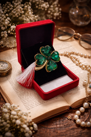 Brosa Trifoi Verde Martisor cu Cristale si Detalii Aurii in Cutie de Catifea [2]