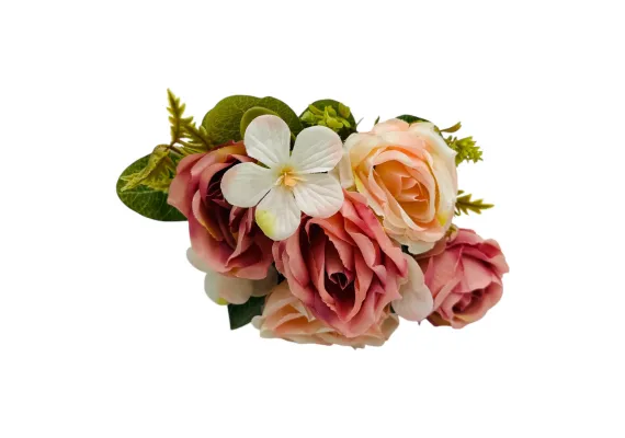 Aranjamente florale Engros - Buchet artificial deosebit cu 5 bujori si 3 flori de eucalipt cu frunze si boboci, roz+ crem, 29cm, calitate superioara,  