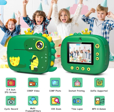 Camera foto pentru copii, cu printare, jocuri, USB, suport card, model dino, 3role hartie incluse, 21×14.5×5.5cm  [1]