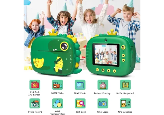 Camera foto pentru copii, cu printare, jocuri, USB, suport card, model dino, 3role hartie incluse, 21×14.5×5.5cm  [0]