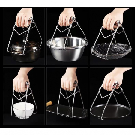 Clema pentru Boluri, , Anti-Alunecare, din Otel Inoxidabil, Extindere, pentru Oale, Tigai, de Uz Casnic, Rezistent la Temperaturi Inalte, 19.5x9.8x8 cm, Maner Maro, Gri [4]