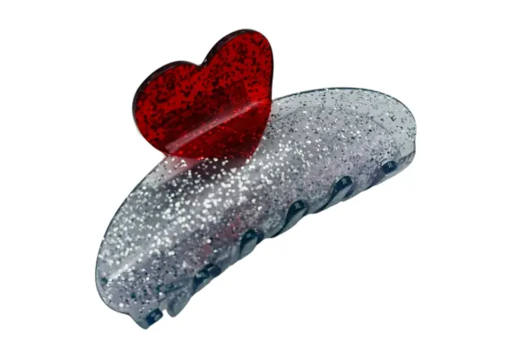 Haine si accesorii Engros - Clește de Păr Mare 8.5cm, Model Inimioară, Silicon Lucios, Culori Diverse, Cu Etichetă de Prezentare | Accesoriu Elegant | 