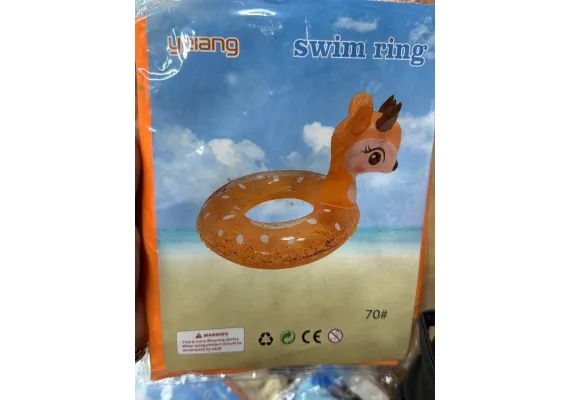 Articole pentru copii Engros - Colac inot copii 70 cm model caprioara 3D, culoare portocalie cu glitter si detalii dragalase, din PVC gonflabil rezistent pentru piscina sau mare, 