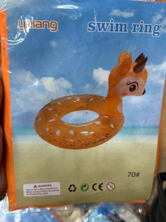 Colac inot copii 70 cm model caprioara 3D, culoare portocalie cu glitter si detalii dragalase, din PVC gonflabil rezistent pentru piscina sau mare,  [1]