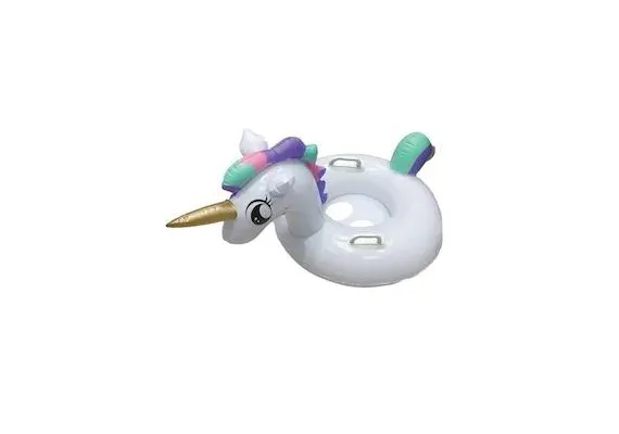 Articole si echipamente sportive Engros - Colac inot copii in forma de unicorn alb cu cap 3D, coada si corn auriu, cu manere laterale, gonflabil, ideal pentru piscina, mare sau vacanta de vara, 