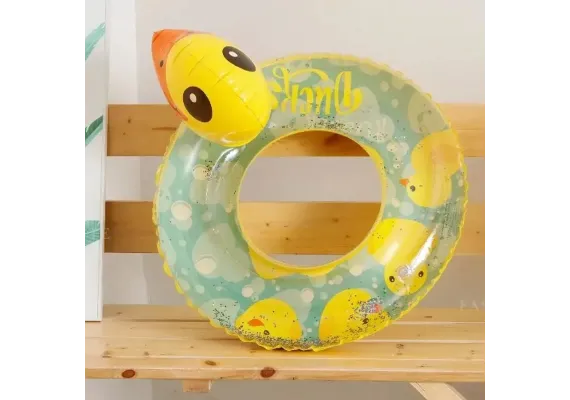 Articole pentru copii Engros - Colac inot copii model ratusca galbena cu cap 3D si glitter, design transparent cu imprimeu vesel, gonflabil din PVC durabil, ideal pentru piscina sau mare, 