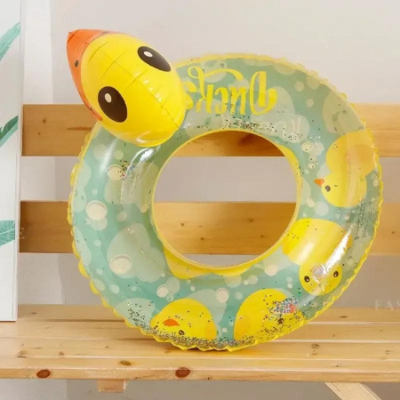 Colac inot copii model ratusca galbena cu cap 3D si glitter, design transparent cu imprimeu vesel, gonflabil din PVC durabil, ideal pentru piscina sau mare,  [1]