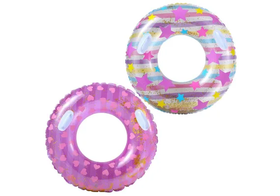 Sport, calatorii si activitati in aer liber Engros - Colac inot gonflabil 90cm cu manere pentru copii si adulti, model colorat cu stele si inimioare, design atractiv cu sclipici, ideal pentru piscina, mare sau vacanta de vara, 