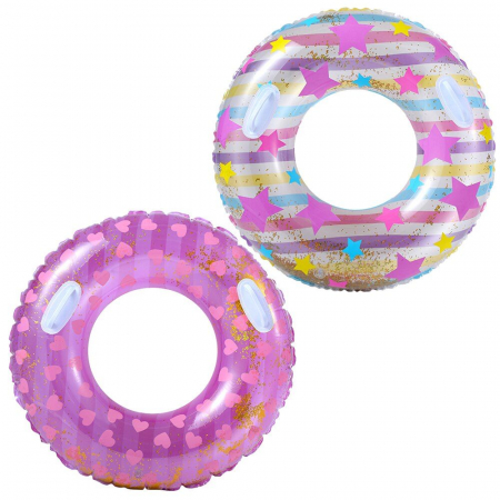Colac inot gonflabil 90cm cu manere pentru copii si adulti, model colorat cu stele si inimioare, design atractiv cu sclipici, ideal pentru piscina, mare sau vacanta de vara,  [1]