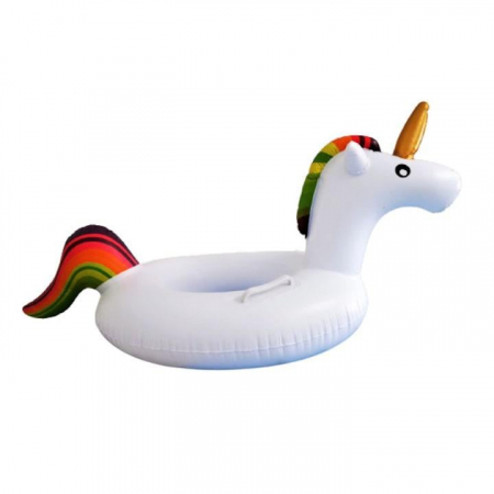 Colac inot unicorn gonflabil pentru copii si adulti, model alb cu corn auriu si coama curcubeu, manere laterale si design 3D, ideal pentru piscina, mare sau vacanta,  [1]