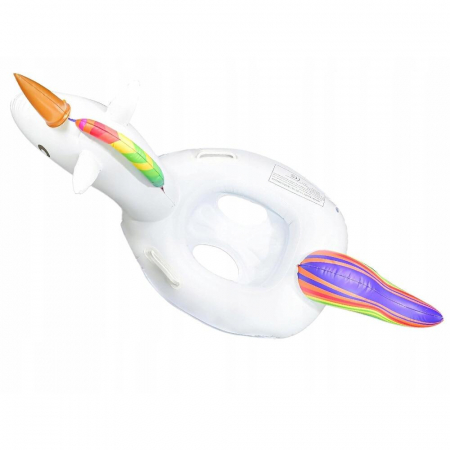 Colac inot unicorn gonflabil pentru copii si adulti, model alb cu corn auriu si coama curcubeu, manere laterale si design 3D, ideal pentru piscina, mare sau vacanta,  [2]