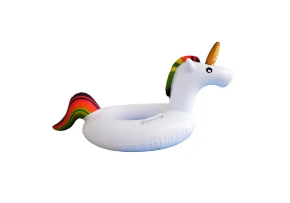 Articole pentru copii Engros - Colac inot unicorn gonflabil pentru copii si adulti, model alb cu corn auriu si coama curcubeu, manere laterale si design 3D, ideal pentru piscina, mare sau vacanta, 
