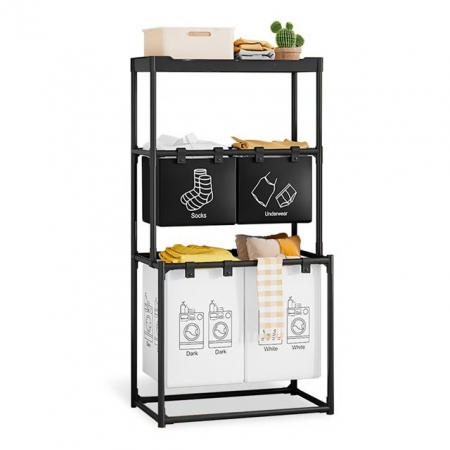 Articole pentru Casa Engros - Cos de Rufe, , 3 Rafturi, 4 Cosuri, Cadru de Otel Inoxidabil, 123x44x57 cm, Negru
