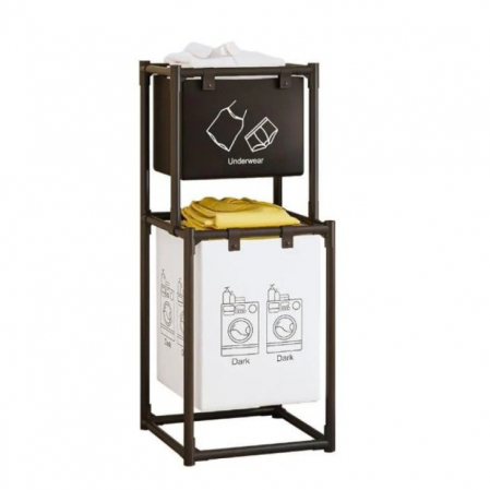 Articole pentru Casa Engros - Cos de Rufe, , cu 2 Etaje, 2 Cosuri, Cadru de Otel Inoxidabil, 97x44x31 cm, Negru