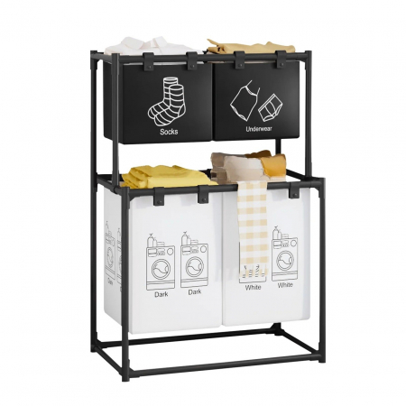 Articole pentru Casa Engros - Cos de Rufe, , cu 2 Etaje, 4 Cosuri, Cadru de Otel Inoxidabil, 97x44x57 cm, Negru