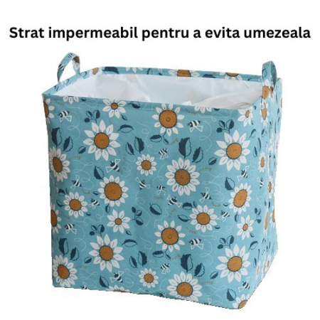 Cos depozitare, , Capac cu Snur, 175 L, Confectionat din Bumbac si un Strat Impermeabil, 50 x 50 x 70 cm, Albastru Deschis, Imprimeu Flori [6]