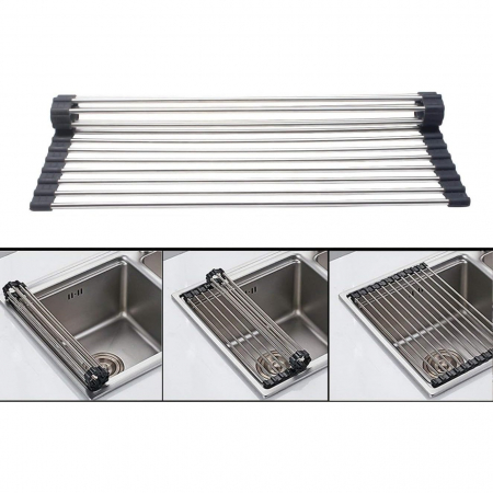 Covoras de Scurgere pentru Chiuveta Bucatarie, din Otel Inoxidabil, Suport Chiuveta, Pliabil, Antiderapant, Usor de Curatat si de Depozitat, 37x30 cm, 15 Tuburi, Negru [2]