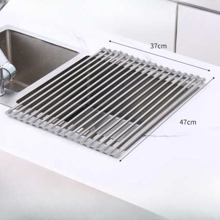 Covoras de Scurgere pentru Chiuveta Bucatarie, din Otel Inoxidabil, Suport Chiuveta, Pliabil, Antiderapant, Usor de Curatat si de Depozitat, 47x37cm, 18 Tuburi, Gri [5]