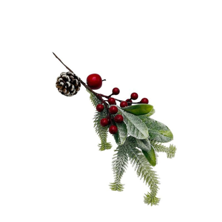Crenguta decorativa de Craciun cu frunze inghetate, bobite rosii, con de brad si mar – pentru brad, coronite si aranjamente, 34cm [1]