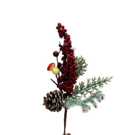 Decoratiuni si ornamente de Craciun Engros - Crenguta decorativa de Craciun cu frunze inghetate, bobite rosii, con de brad si ciupercuta – pentru brad, coronite si aranjamente, 34cm