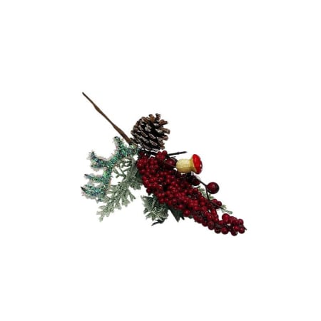 Crenguta decorativa de Craciun cu frunze inghetate, bobite rosii, con de brad si ciupercuta – pentru brad, coronite si aranjamente, 34cm [1]