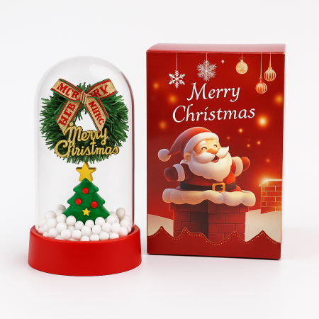 Decoratiuni si ornamente de Craciun Engros - Cupola decorativa de Craciun cu lumini led, coronita si bradut, cutie de cadou inclusa, 15.5x9x9cm