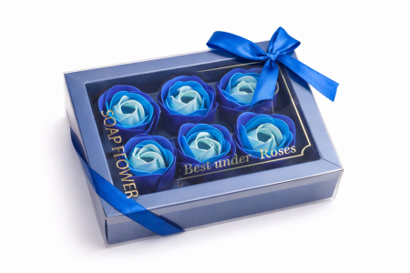 Aranjamente florale si cadouri - Cutie cadou cu 6 trandafiri din spuma 14.5x10x5.5 cm albastra, cadou primavara
