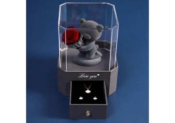 Aranjamente florale Engros - Cutie cadou luxoasa cu ursulet decorativ, trandafir criogenat si sertar pentru daruri personalizate 