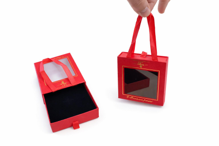 Accesorii Confectionare Martisoare - Cutie cadou pentru marisor sau bijuterii, cu manere si fereastra, 9x9x3 cm, Rosu