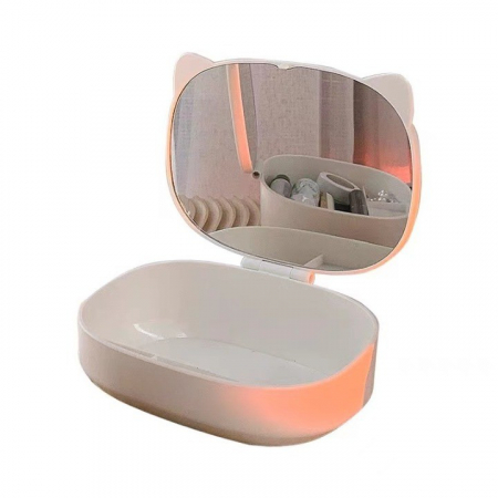 Ingrijire personala si cosmetice Engros - Cutie cu Oglinda, Model Pisica, , 4 Compartimente, Cutie de Depozitare a Machiajelor si Accesoriilor, Oglinda de Machiaj, 17x13x6cm, Alb
