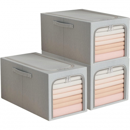 Cutie de Depozitare, , 31L, din In si Bumbac, Pliabila, Cadru din Otel, 45 x 30 x 23 cm, Albastru Fumuriu [2]