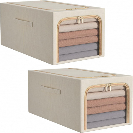 Cutie de Depozitare, , 56L, din In si Bumbac, Pliabila, Cadru din Otel, 53 x 35 x 30 cm, Kaki [3]