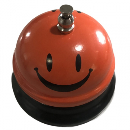 Articole pentru Casa Engros - Clopotel Metalic Multifunctional, , Portocaliu cu Imprimeu Smiley Face, 7.5x7.5x6.5 cm, Receptie, Restaurant, Cafenele