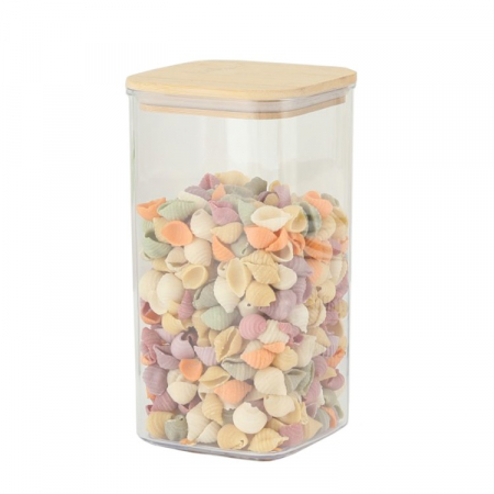 Articole pentru Casa Engros - Cutie de Depozitare Alimente, , Cutie de tip Container, Cutie pentru Cereale, din Plastic, Capac din Bambuc, 10 x 10 x 19 cm, Volum 1.2l, Transparent