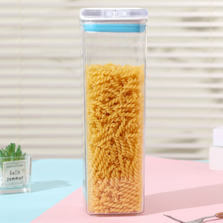 Cutie de Depozitare Alimente, , tip Container, 1.9L, 10x10x30.5 cm, Recipiente pentru Cereale in Bucatarie,  Transparente cu Capac Alb-Albastru [1]