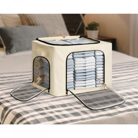 Cutie de Depozitare, , cu 3 Ferestre cu Fermoar Bidirectional, Cadru din Otel, Impermeabil, 38L, 42 x 30 x 30 cm, Bej [2]