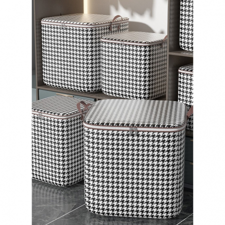 Cutie de Depozitare cu Fermoar, , Pliabila, Maner Ranforsat, Fermoar Rezistent, pentru Haine, Paturi, Plapumi, Perne, Lenjerii de Pat, Jucarii, 56x45x56 cm, 140 Litri, in Carouri, Alb-Negru [11]